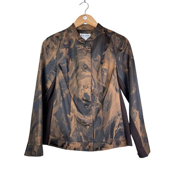 A La Carte Brown Pattern Band Collar Stretch Lightweight Button Up Jacket Pocket - Picture 9 of 12